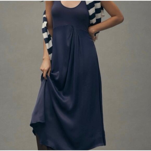 Anthropologie Dresses & Skirts - Anthropologie Gemini Mixed Media Midi Dress 1X Plus Blue Tank Satin Asymmetrical